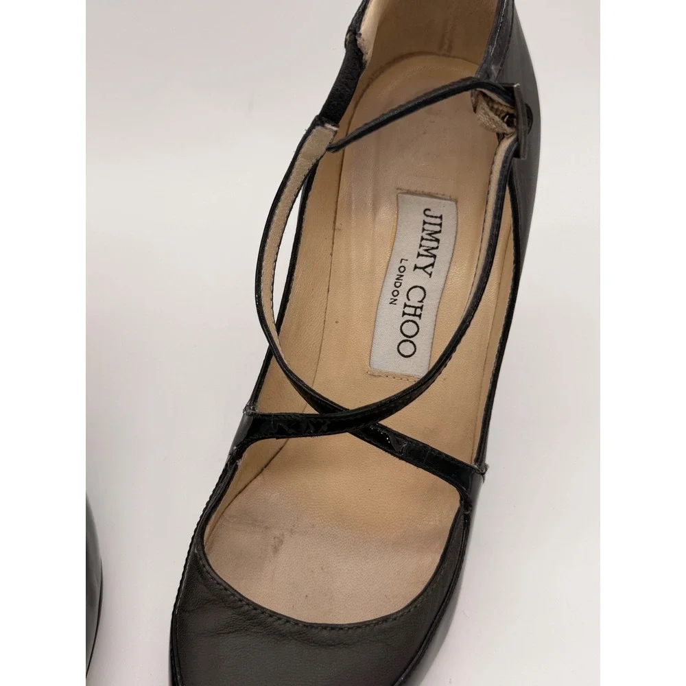 Jimmy Choo Black Leather Patent Crisscross T-Strap Pointed Toe Pumps 36.5 Italy